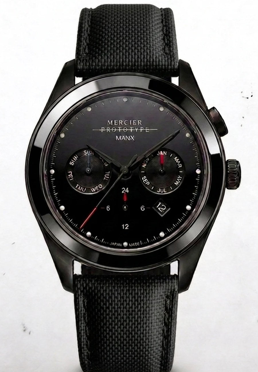 Manx Meridian Noir, black three-subdial dial