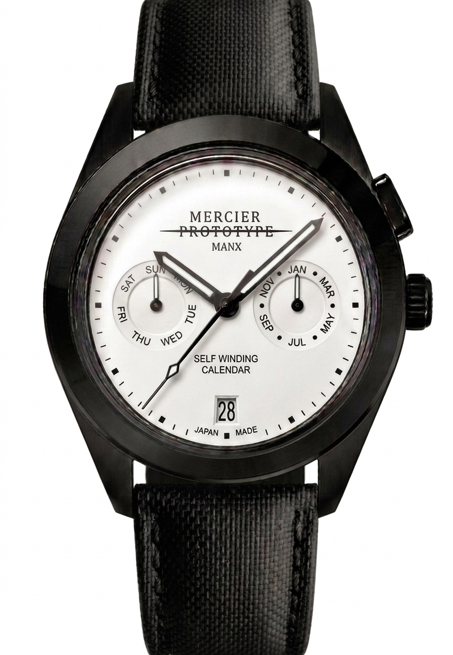 Mercier Prototype Manx Blanc — black PVD automatic watch with white dial and Protocloth strap