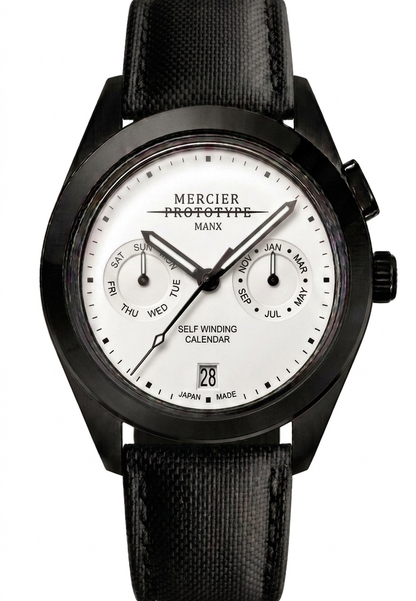 Mercier Prototype Manx Blanc — black PVD automatic watch with white dial and Protocloth strap