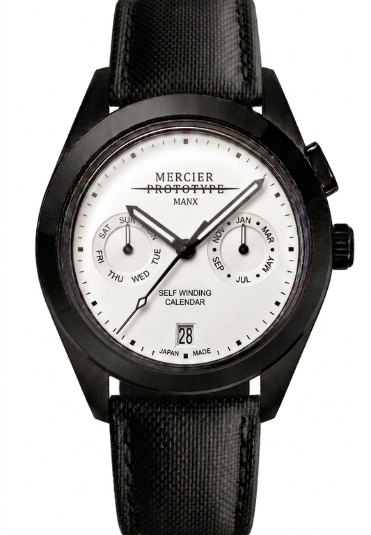 Mercier Prototype Manx Blanc — black PVD automatic watch with white dial and Protocloth strap